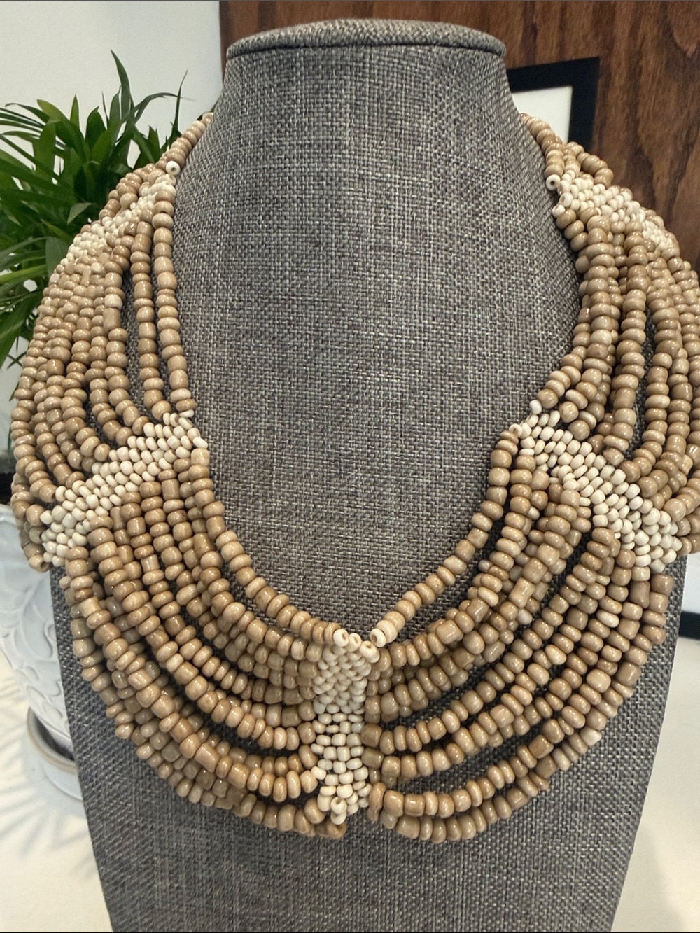 Neutral Cream & Taupe Multi-Strand Beaded Statement Necklace | Boho Collar